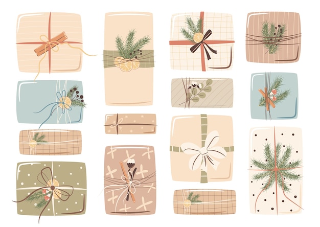 Vetor conjunto de caixas de presente de natal decoradas ilustração vetorial