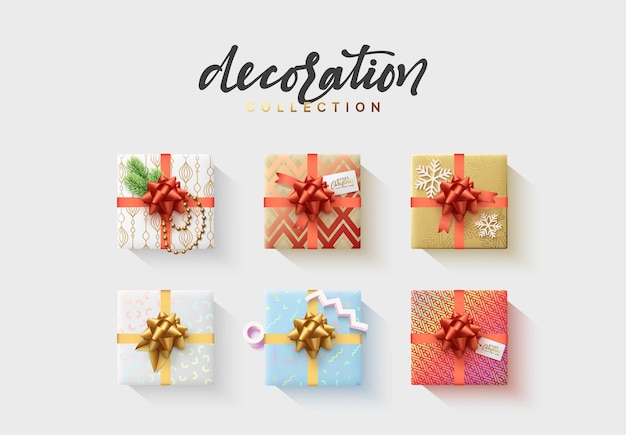 Conjunto de caixas de presente embrulhadas coloridas. Muitos presentes. Coleção de decoração plana. Caixa de presente com laço e fita. Vista superior plana. ilustração vetorial