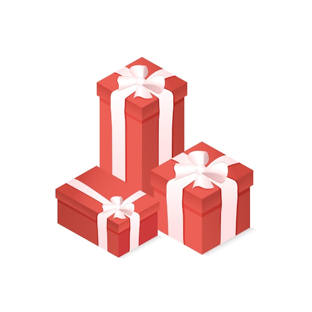 Conjunto de caixas de presente vermelhas com arco e fita em fundo branco isolado presente 3d realista