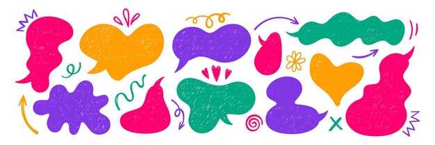 Conjunto de caixas de texto, bolhas de fala, flecha e redemoinho com textura de lápis de cor ou giz