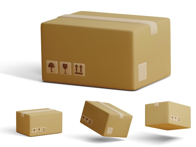 Conjunto de caixas fechadas de papelão 3D isoladas em fundo claro Parcelas de carga de entrega realista com manuseio de símbolo de sinal de cuidado frágil com proteção de cuidado contra chuva de água ilustração vetorial
