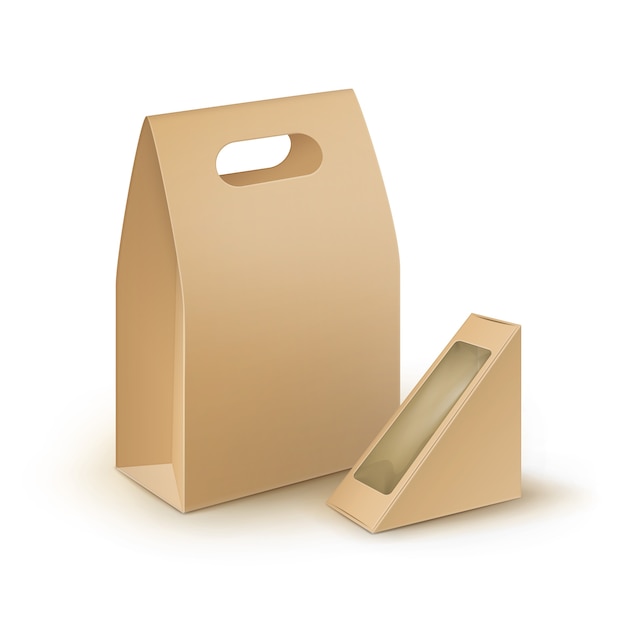 Conjunto de caixas retangulares de papelão marrom em branco, triângulo, alça para viagem, lancheiras, embalagens para sanduíches, alimentos, presentes, outros produtos com janela de plástico Mock up Close up Isolated