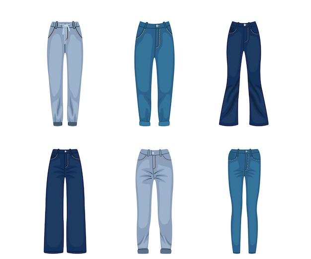Conjunto de calças jeans femininas de moda em estilo de desenho animado Ilustração vetorial de diferentes tipos de calças femininas elegantes calças jeans esportivas cloches corte reto magro isolado em fundo branco