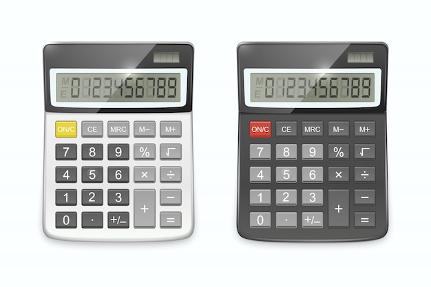 Conjunto de calculadora realista, isolado no fundo branco.