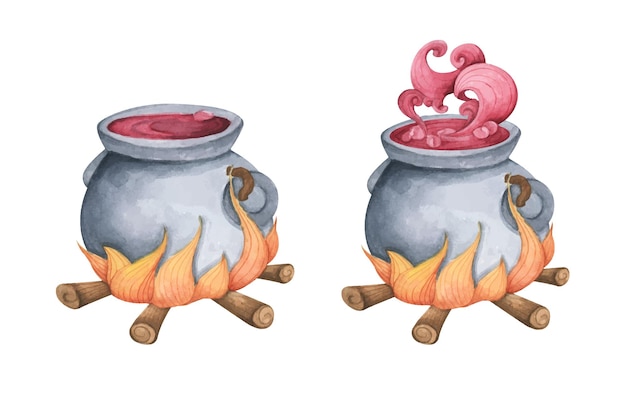 Conjunto de caldeirão de bruxa. Ilustração em aquarela para o Halloween.