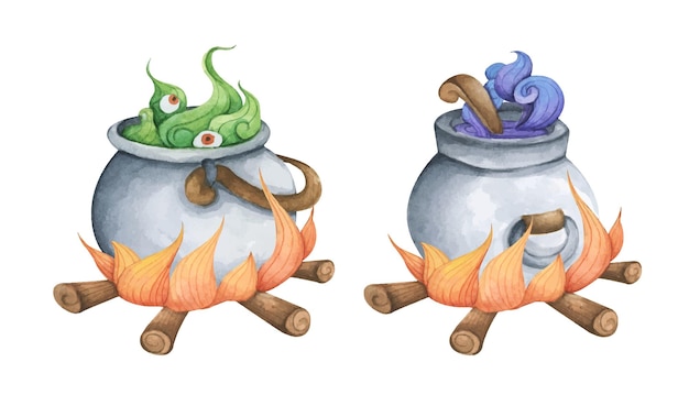 Conjunto de caldeirão de bruxa. Ilustração em aquarela para o Halloween.