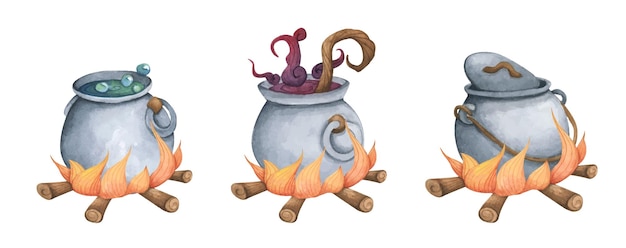 Conjunto de caldeirão de bruxa. Ilustração em aquarela para o Halloween.
