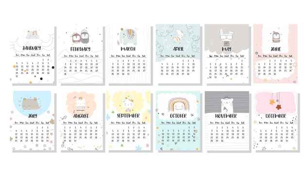 Vetor conjunto de calendário de design de modelo plano fofo