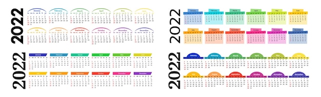 Conjunto de calendários horizontais para 2022, isolado em um fundo branco. domingo a segunda-feira, modelo de negócios. ilustração vetorial