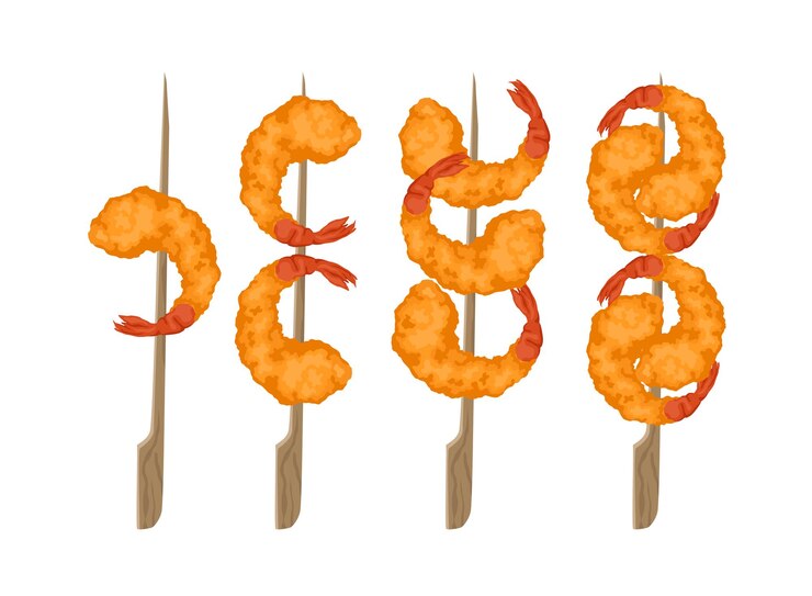 Vetor conjunto de camarão tempura yakitori com diferentes quantidades de camarão em massa para fast food asiático e