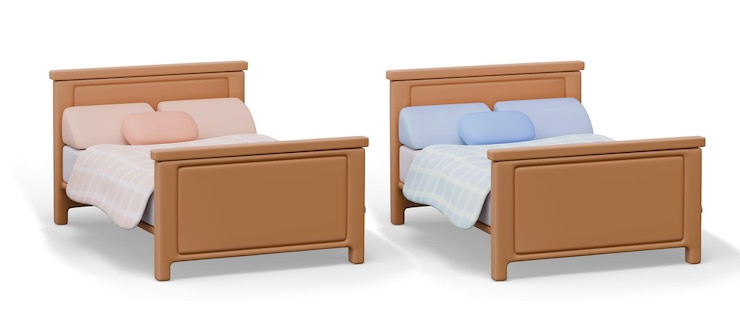 Vetor conjunto de camas 3d com conjuntos de roupas de cama de diferentes cores modelos realistas