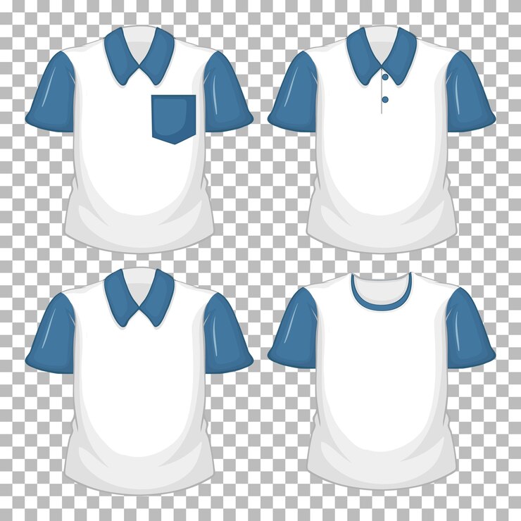 Vetor conjunto de camisa branca diferente com mangas curtas azuis isoladas em fundo transparente