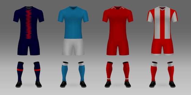Vetor conjunto de camisa de futebol de modelo realista 3d psg, napoli, liverpool