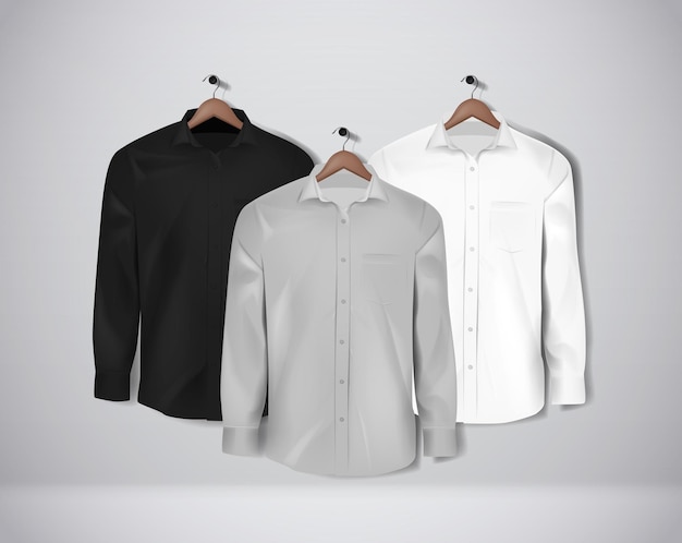 Vetor conjunto de camisa formal preta, branca e cinza camisa social em branco com botões