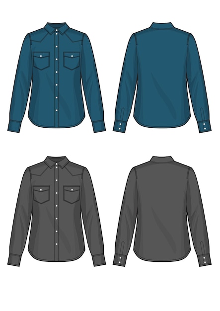Conjunto de camisas femininas de jeans azul e preto com ilustração vetorial vista frontal e traseira