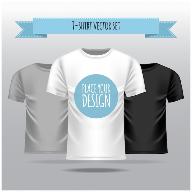 Vetor conjunto de camiseta. modelo branco, cinza, preto, vista frontal. realista