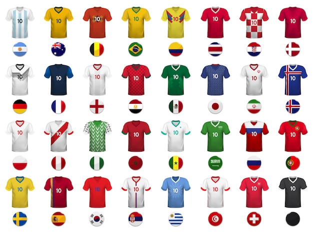 Conjunto de camisetas e bandeiras da seleção nacional de futebol.