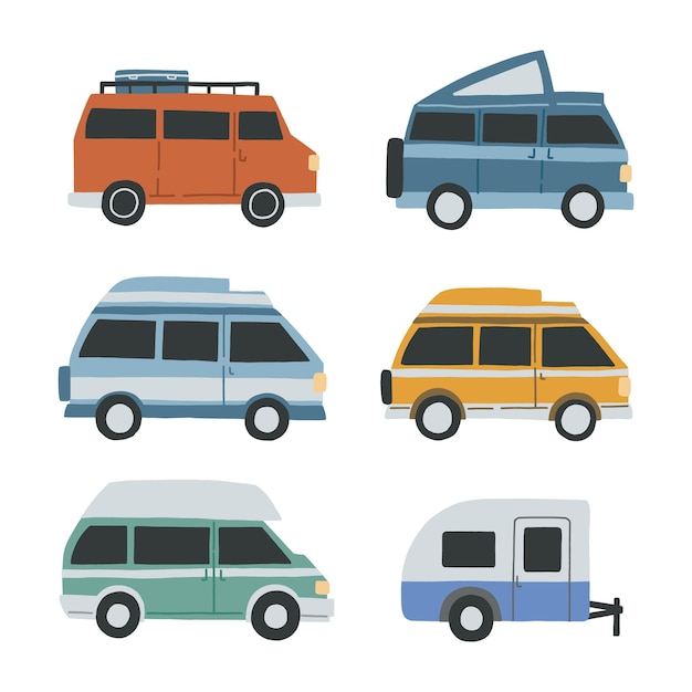 Conjunto de campervans diffnet isolado no fundo branco. hand desenhada ilustração vetorial plana para banner, propaganda.