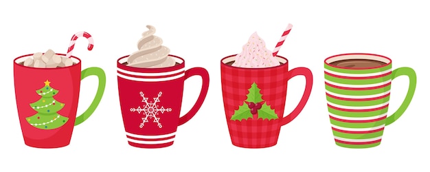 Conjunto de canecas com café, chá, chocolate com marshmallow, canudo e chantilly e cobertura decorativa. estilo simples.