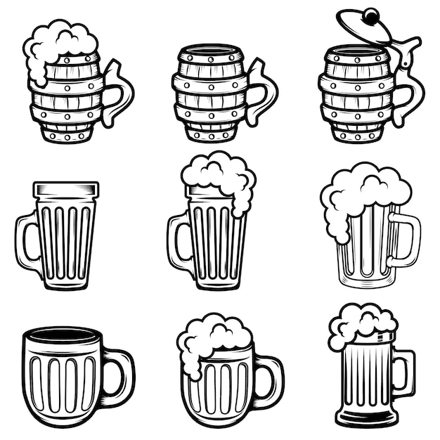 Conjunto de canecas de cerveja. elementos para o logotipo, etiqueta, emblema, sinal, crachá. ilustração