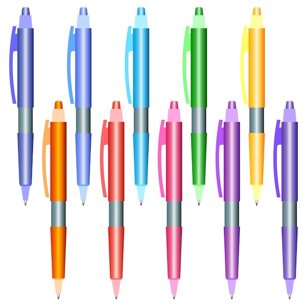 Conjunto de canetas multicoloridas em um fundo branco. Ilustração vetorial.