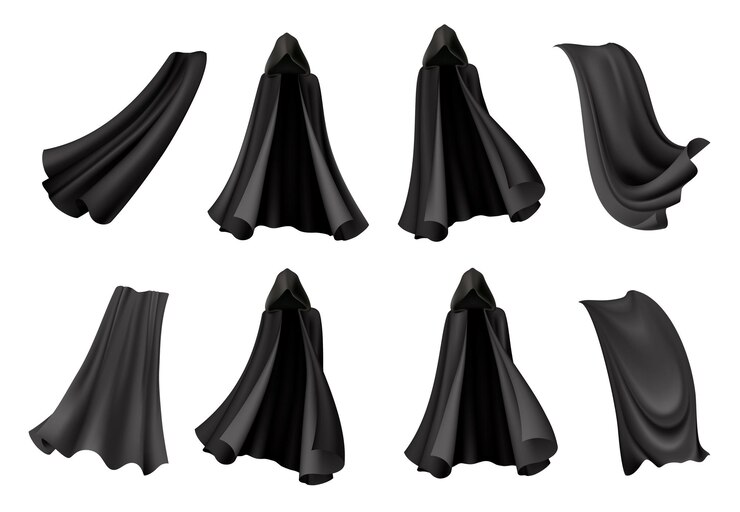Vetor conjunto de capa preta isolada com trajes realistas da morte para o dia das bruxas