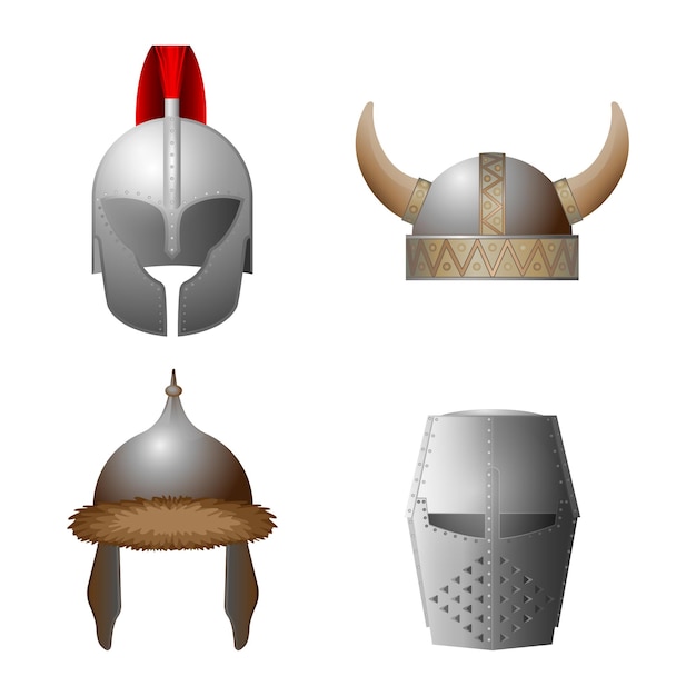 Conjunto de capacetes medievais. viking, cavaleiro, com chifres, coleção de capacetes coppergate. bonés militares da idade média. chapéus com elementos de ferro. capacete para o torneio de cavaleiros, justa. ilustração