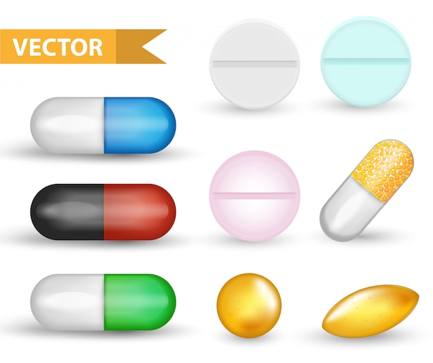 Conjunto de cápsula do comprimido médico realista. Coleção 3D de drogas e comprimidos. Medicamentos Antibióticos, vinaminas, óleos de peixe. Isolado no fundo branco .