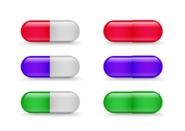 Conjunto de cápsulas de coleção de drogas médicas, antibióticos ou vitaminas realistas