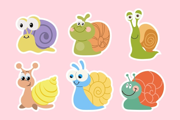 Conjunto de caracóis bonitos de desenho animado vetor de adesivos de ícones coloridos de caracóis de bebê