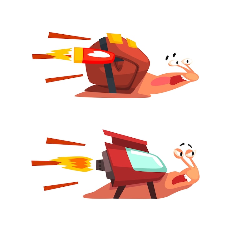 Vetor conjunto de caracóis rápidos engraçados personagens de moluscos divertidos com ilustração vetorial de desenho animado de turbina de foguete