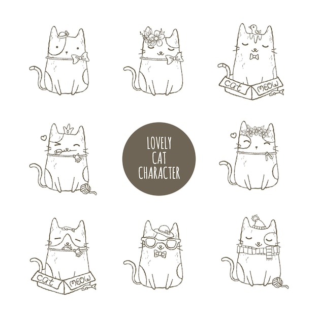 Conjunto de caracteres adorável gato