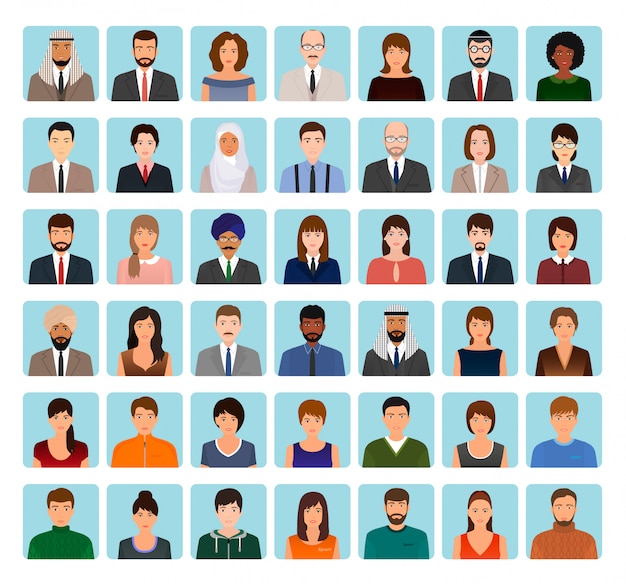 Conjunto de caracteres avatares de pessoas diferentes. Ícones de negócios, elegantes e esportivos de rostos para o seu perfil.
