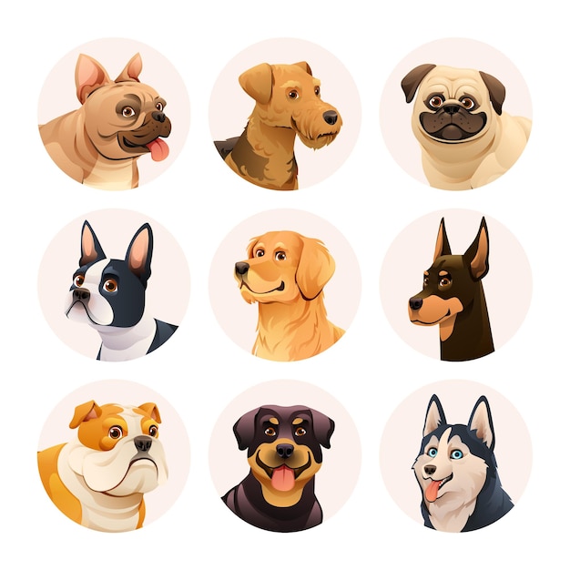 Conjunto de caracteres de avatar de cachorro coleção de diferentes raças de cães ilustração em vetor