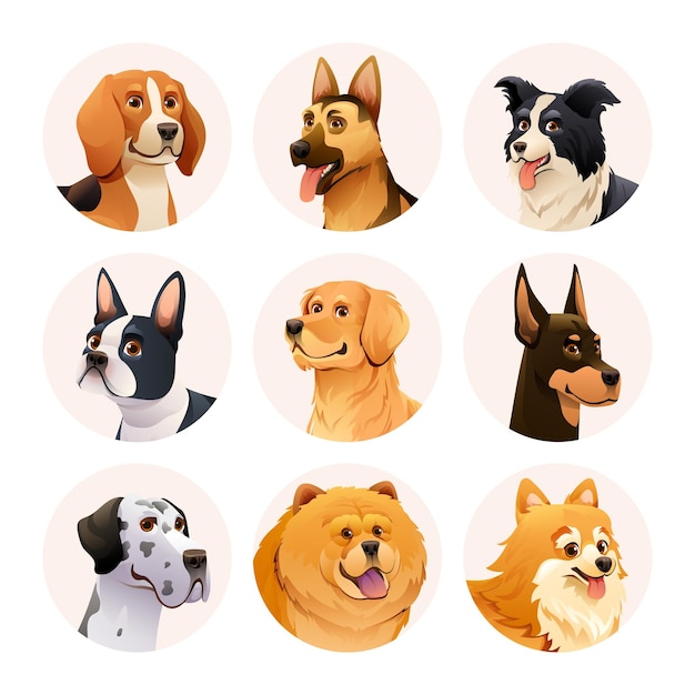 Conjunto de caracteres de avatar de cachorro coleção de ilustração de desenhos animados de diferentes raças de cães