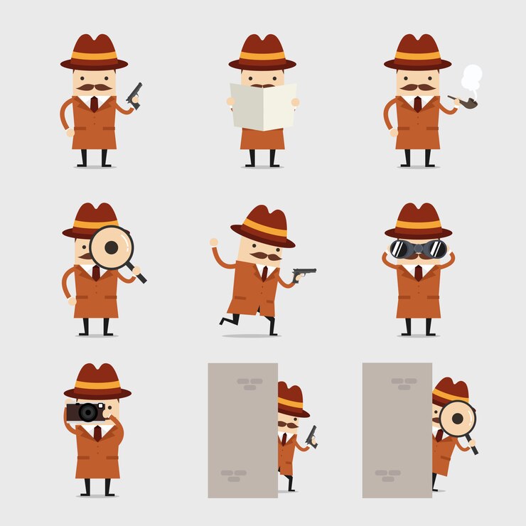 Vetor conjunto de caracteres de detetive dos desenhos animados.