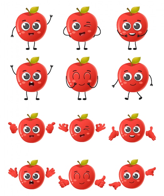Vetor conjunto de caracteres de fruta de maçã bonito dos desenhos animados conjunto isolado