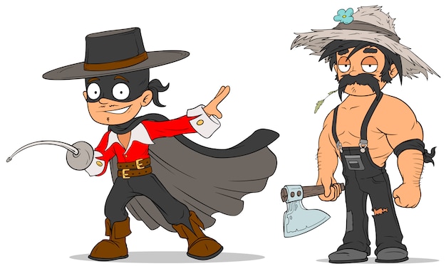 Conjunto de caracteres de herói e agricultor mascarado dos desenhos animados