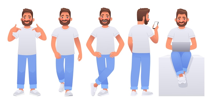 Vetor conjunto de caracteres de homem feliz cara vestido com uma camiseta branca jeans aponta para si mesmo anda segura um telefone