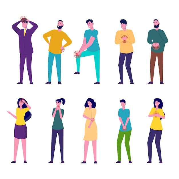 Conjunto de caracteres de homens e mulheres com dor em diferentes partes do corpo.