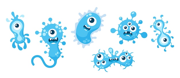 Conjunto de caracteres de micróbios e germes de vírus de desenhos animados bactérias com rostos sorridentes engraçados isolados monstros de células patogênicas azuis com grandes olhos crescimentos dentes ou línguas ícones de ilustração vetorial