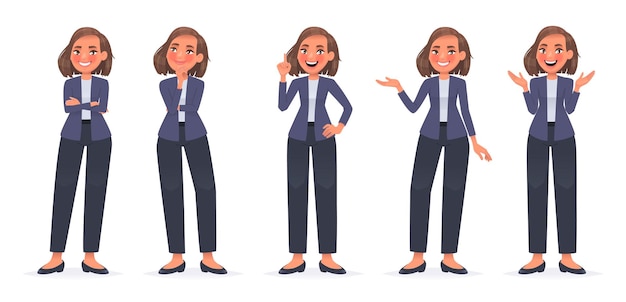Conjunto de caracteres de mulher de negócios linda garota terno secretário empregado empresa gestos expressa