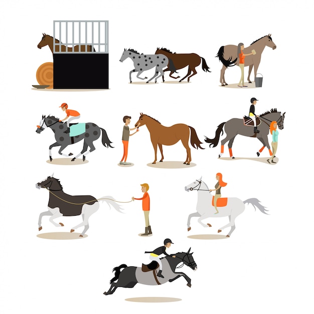 conjunto de caracteres de pessoas a cavalo em estilo simples