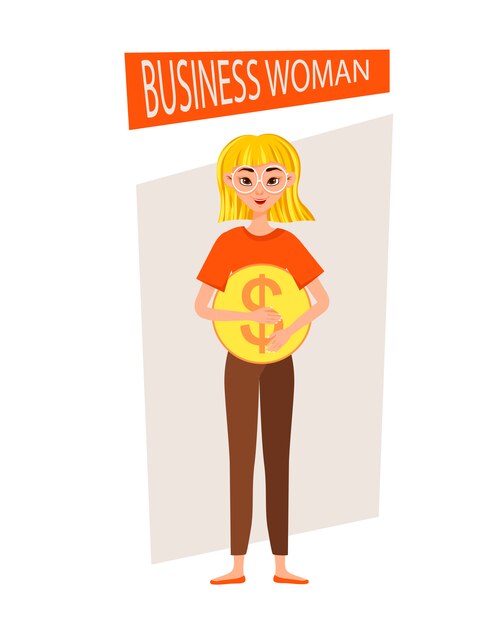 Conjunto de caracteres de trabalho de empresária. a garota aponta para o ícone do dólar. ilustração.