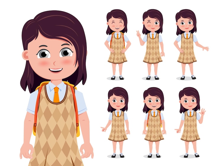 Vetor conjunto de caracteres de vetor de garota estudante estudantes do sexo feminino 3d da escola em pose de pé e facial feliz