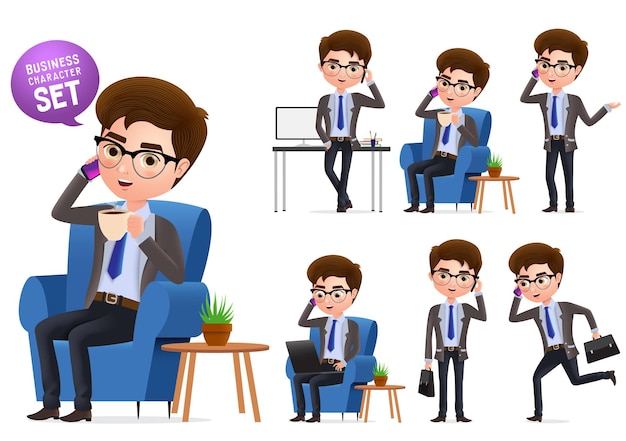 Conjunto de caracteres de vetor de gerente de negócios personagem de gerente de negócios sentado falando no celular