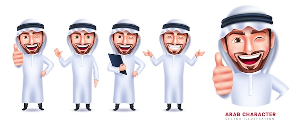 Conjunto de caracteres de vetor de homem bonito árabe. personagens árabes sauditas isolados no fundo branco.
