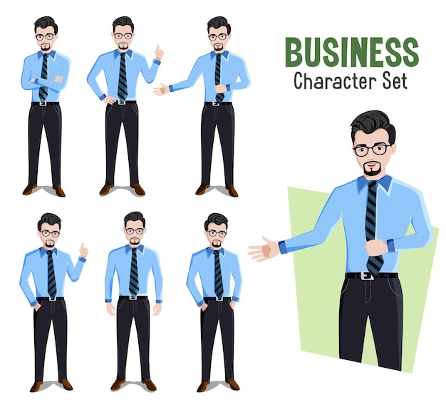 Conjunto de caracteres de vetor de homem de negócios personagem masculino de empresário em pose de pé diferente