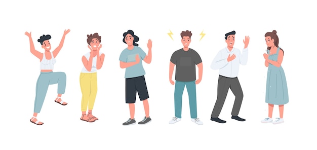 Conjunto de caracteres detalhados de cor plana de sentimentos diferentes. Homens e mulheres com várias expressões faciais isolaram a ilustração dos desenhos animados para design gráfico da web e coleção de animação