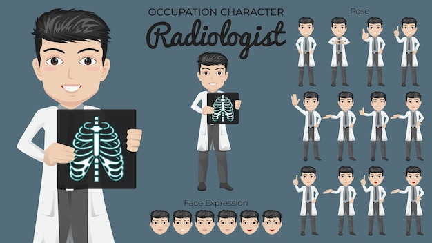 Conjunto de caracteres do radiologista masculino com variedade de expressões faciais e posturas